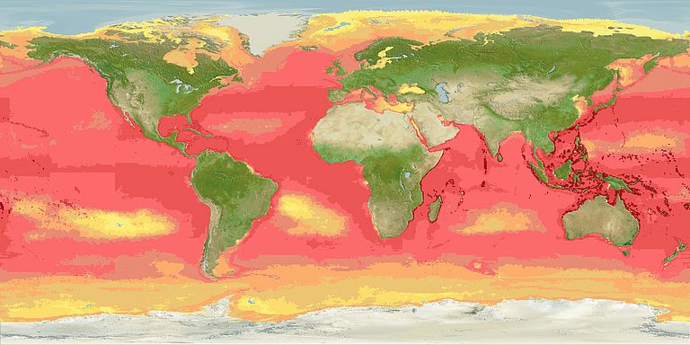 Globale Artenzahl von Knochenfischen, mit über 3,000 Arten in Korallenriffen in den Tropen (dunkelrot) und weniger als 50 Arten in den Polarmeeren (gelb). Quelle: www.aquamaps.org