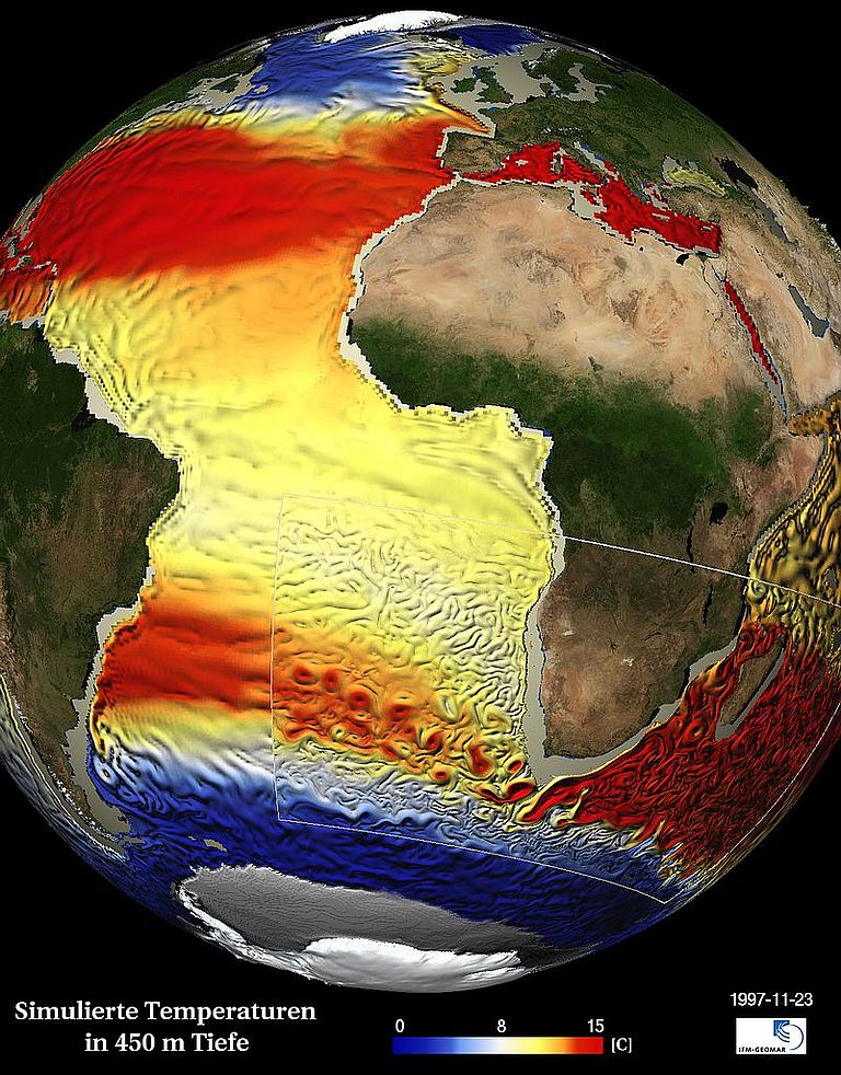 Temperatures and currents at 450 m depth in the high-resolution Kiel computer model (snapshot). The Agulhas Current flows along the South African coast. Southwest of Cape Town it abruptly turns back into the Indian Ocean. In this process huge rings of water (“Agulhas Rings”) are separated, carrying warm and saline waters into the Atlantic.