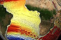 Temperatures and currents at 450 m depth in the high-resolution Kiel computer model (snapshot). The Agulhas Current flows along the South African coast. Southwest of Cape Town it abruptly turns back into the Indian Ocean. In this process huge rings of water (“Agulhas Rings”) are separated, carrying warm and saline waters into the Atlantic.