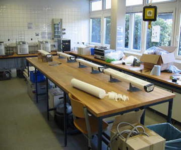 Interior of the laboratory for core description with sediment core halves in D-tubes and filling material made of closed-cell foam