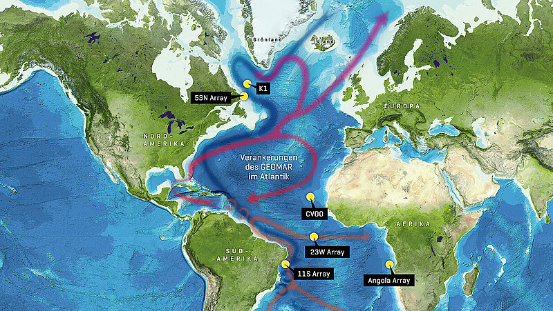 Karte der vom GEOMAR betreuten ozeanographischen Verankerungen im Atlantik mit eingezeichneten Strömungen von warmen Oberflächenwasser und kaltem Tiefenwasser der Atlantischen Umwälzzirkulation (AMOC). Grafik: Christoph Kersten/ GEOMAR, Hintergrund: GEBCO