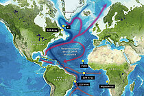 Karte der vom GEOMAR betreuten ozeanographischen Verankerungen im Atlantik mit eingezeichneten Strömungen von warmen Oberflächenwasser und kaltem Tiefenwasser der Atlantischen Umwälzzirkulation (AMOC). Grafik: Christoph Kersten/ GEOMAR, Hintergrund: GEBCO