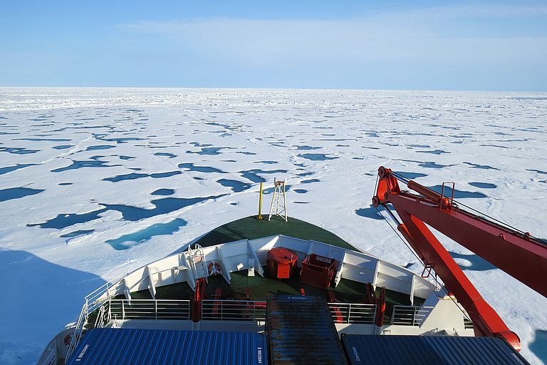 Bow of R/V Polarstern in the arctic sea ice