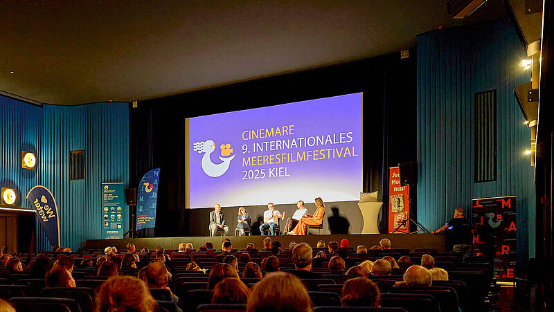 A packed movie theater. A panel discussion is taking place on stage. 